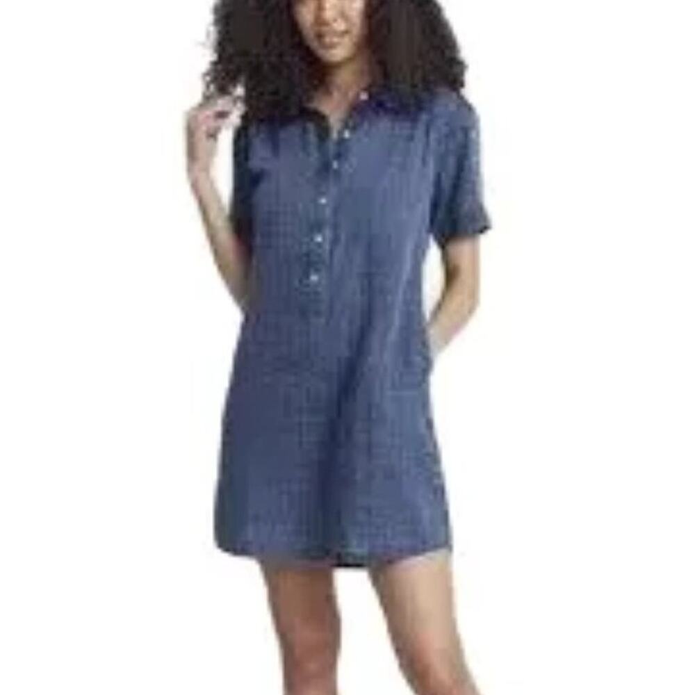 FAHERTY Hana Dress in Dark Indigo Wash Tencel Linen Chambray Denim SZ S